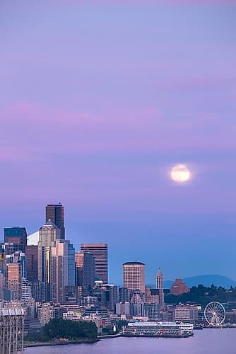 Downtown Seattle with a full moon rising in the evening sky-Seattle-Washington State Cityscapes Print